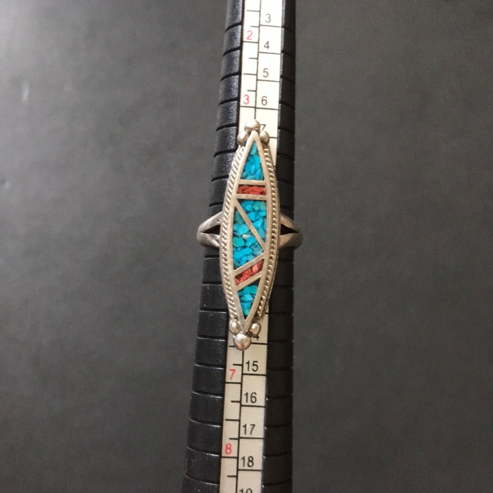 Native American turquoise and coral chip ring